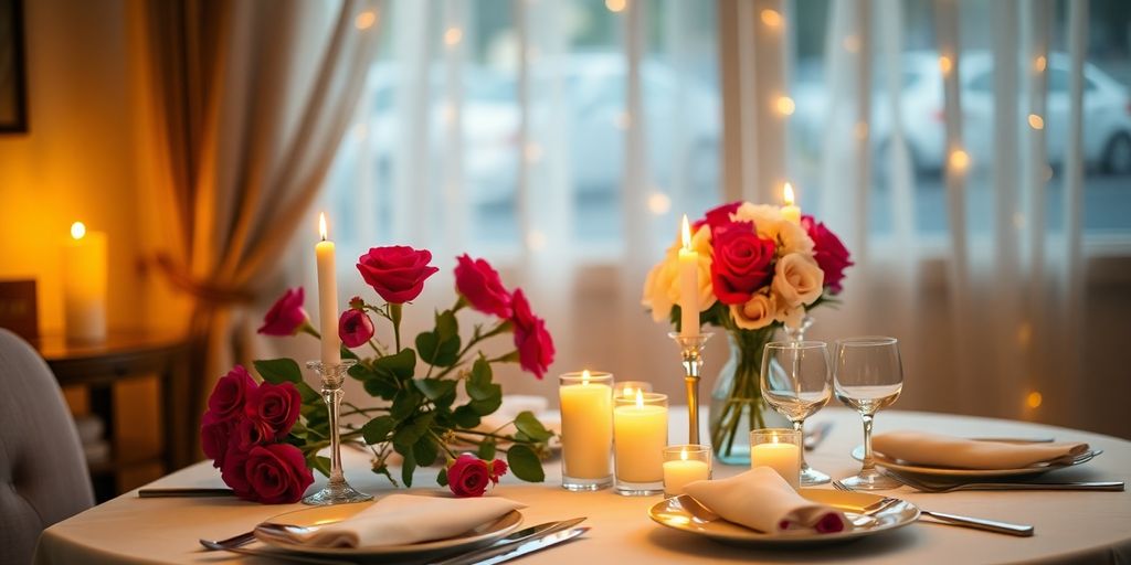Romantic dinner setup for Valentine's Day celebration.