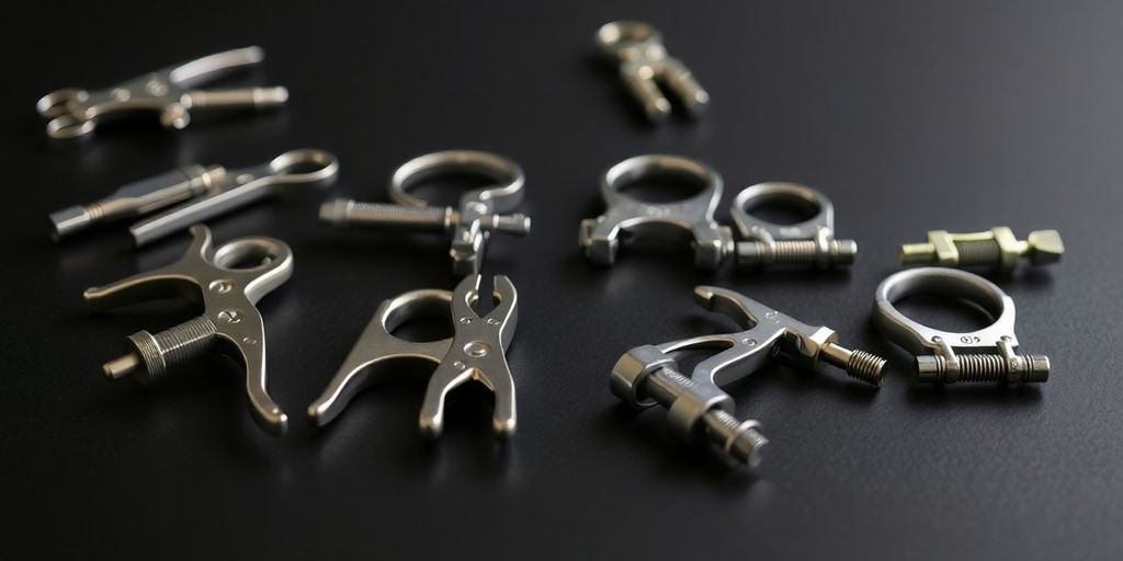 Close-up, nipple clamps, various designs, on display.