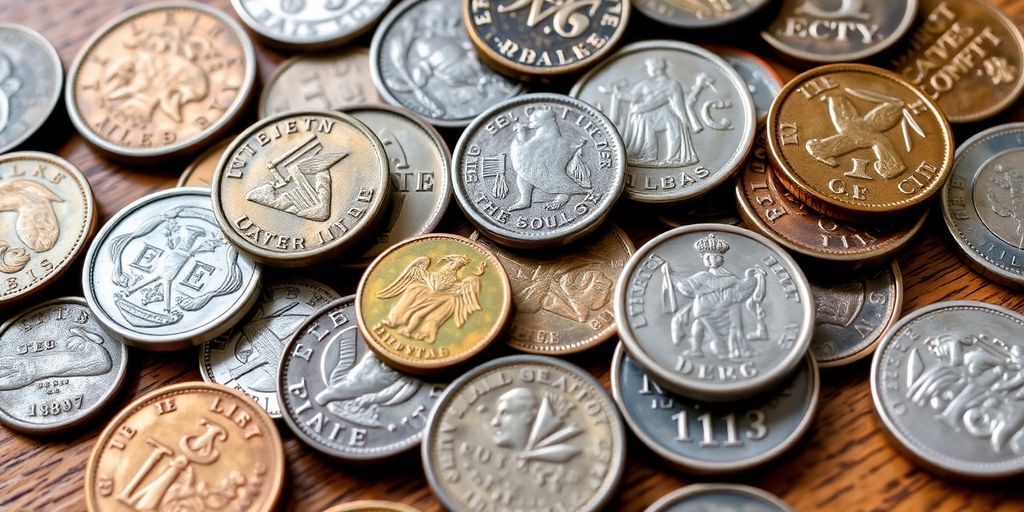 Colorful collection of historical coins on a wooden surface.