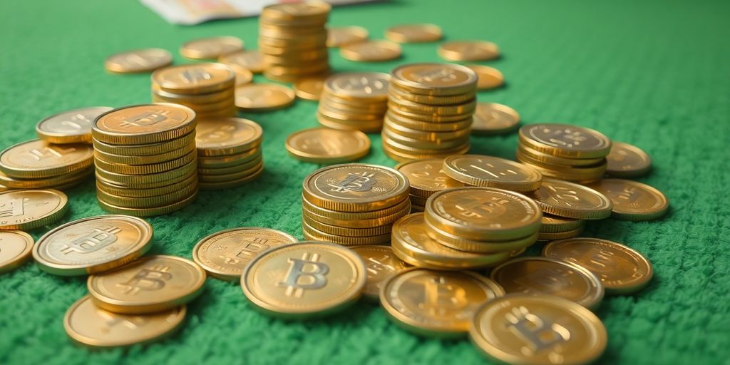 Shining gold coins cascading onto a green felt table.