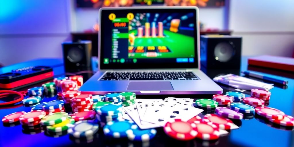 Laptop and gaming accessories on a stylish casino table.