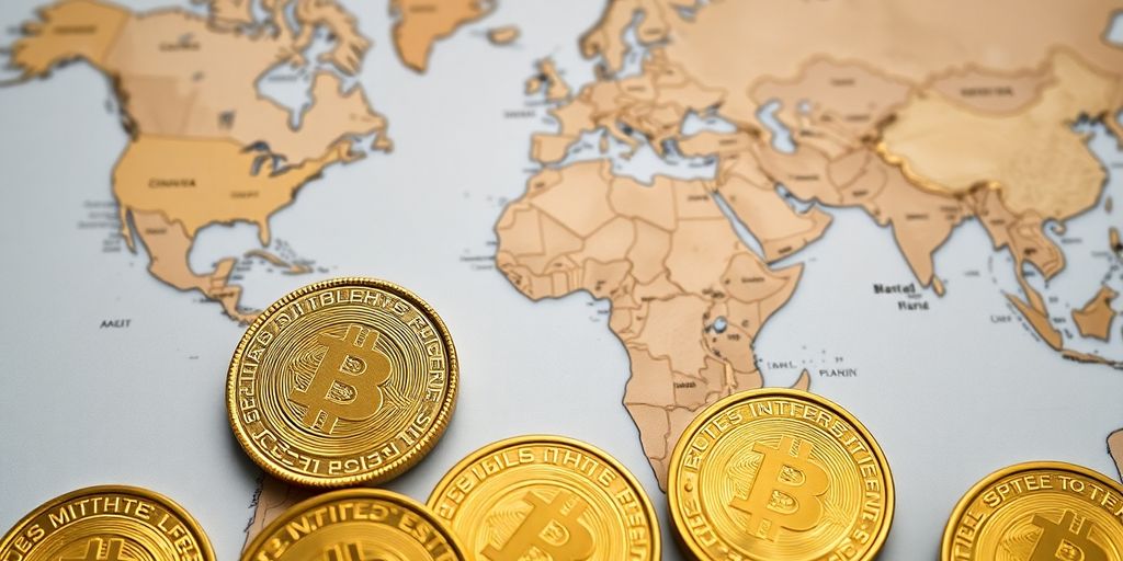 Pièces d'or sur une carte du monde.