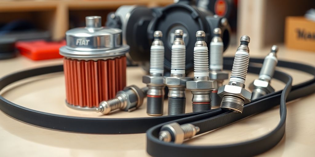 New Fiat engine parts on a clean workbench