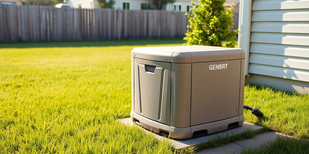 Home backup generator in a suburban backyard.