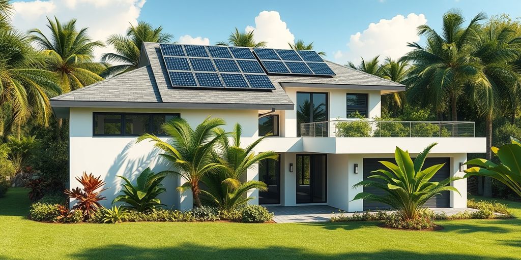Modern eco-friendly house with solar panels and greenery