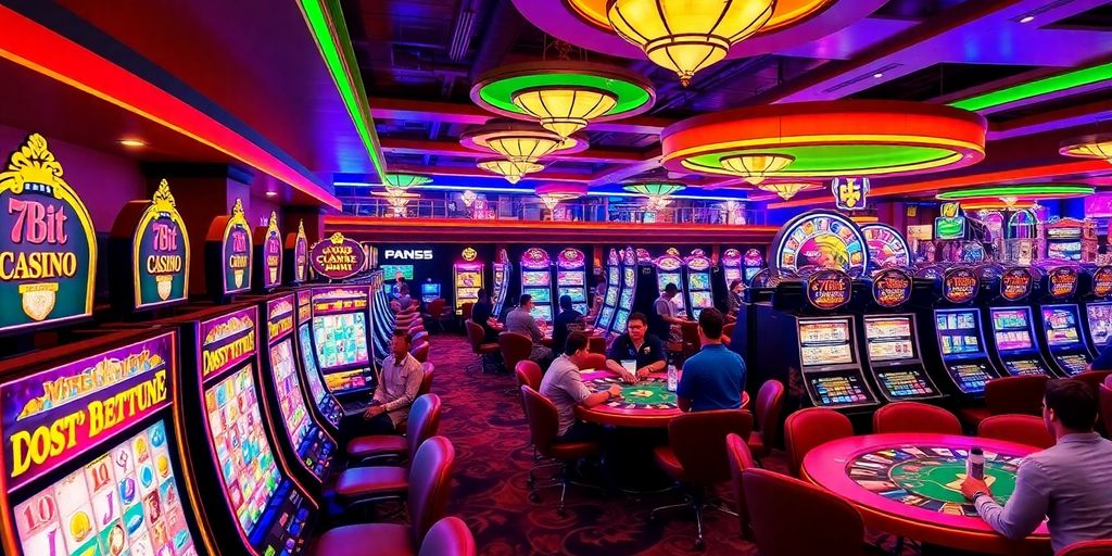 Exciting casino scene with colorful slot machines and players.