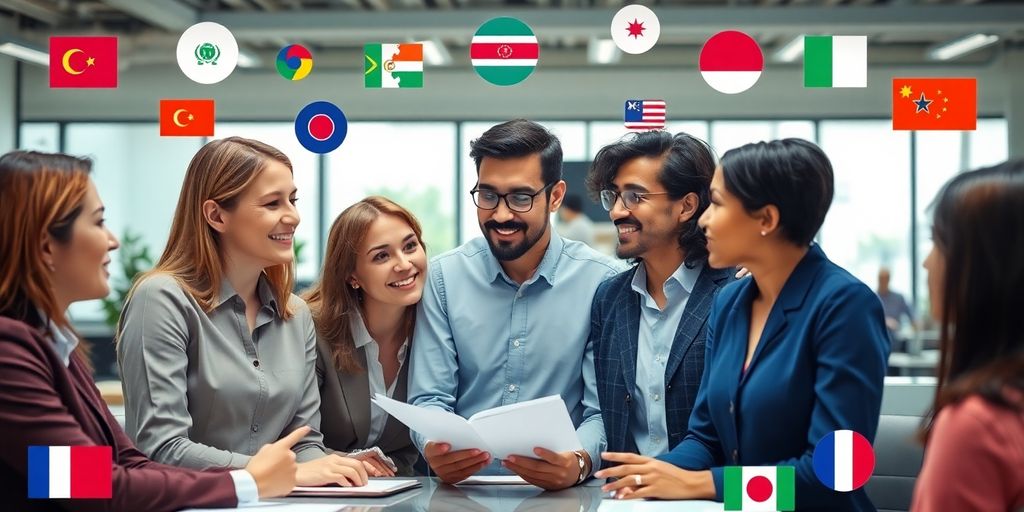 Diverse team collaborating on technical document translation.