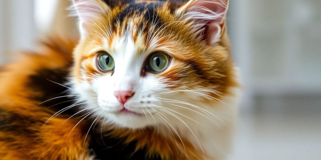 Fluffy calico cat sitting calmly