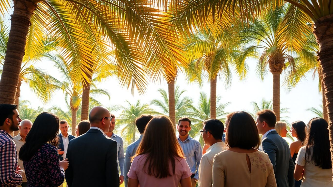 Business professionals collaborating outdoors near palm trees.