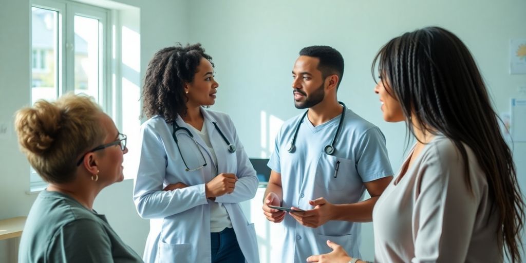 Diverse group discussing health in a clinic setting.