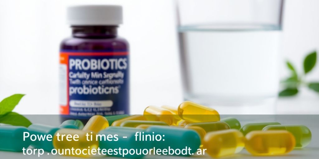 Probiotic capsules and a glass of water on a table.
