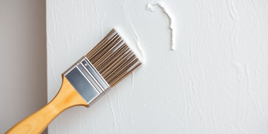Painter applying smooth coat of white paint to wall.