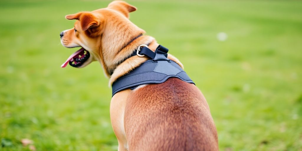 Dog wearing a perfectly fitted harness.