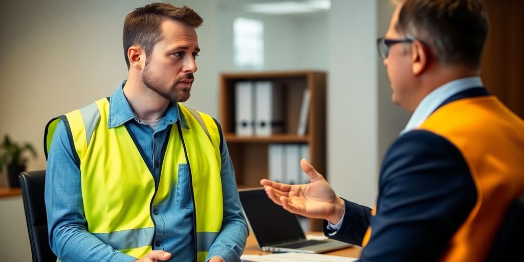 Worker consulting with accident solicitor in office.