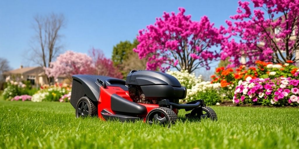 Toro lawn mower on a green lawn in spring.