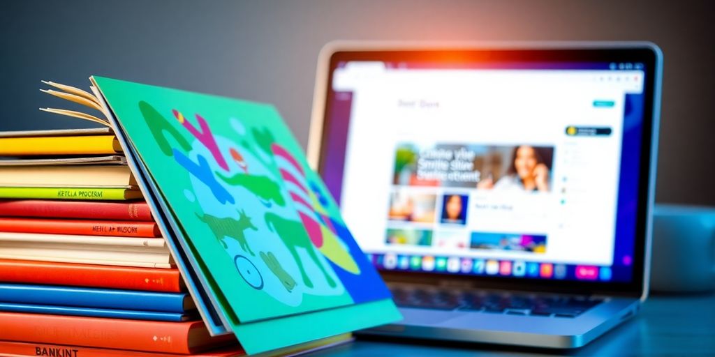 Vibrant children's books stacked beside a laptop.