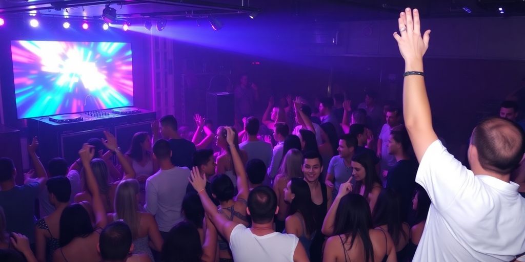 A lively nightclub interior with a vibrant dance floor.