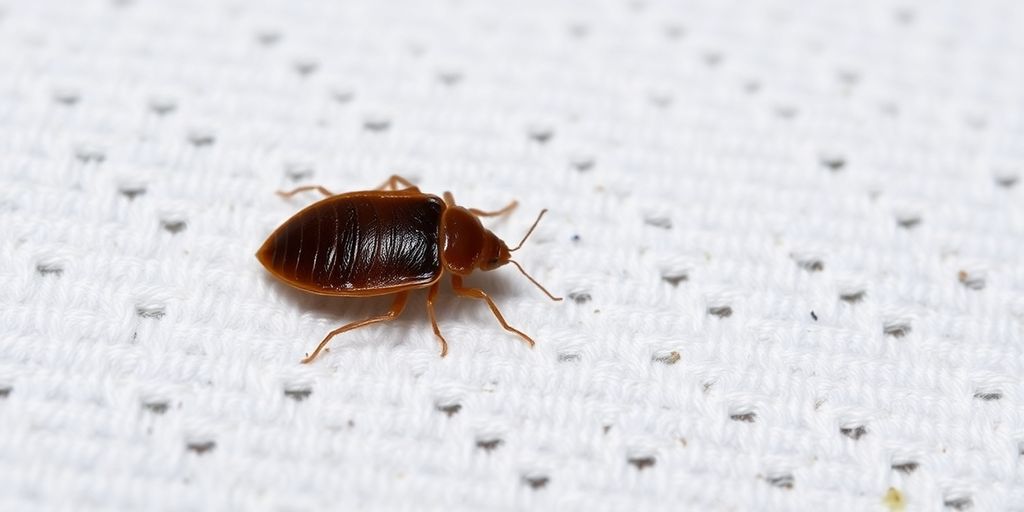 Close-up of a bed bug on a mattress fabric.