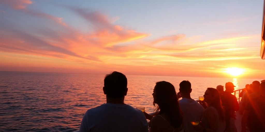 Sunset cruise with unlimited drinks and lively atmosphere.