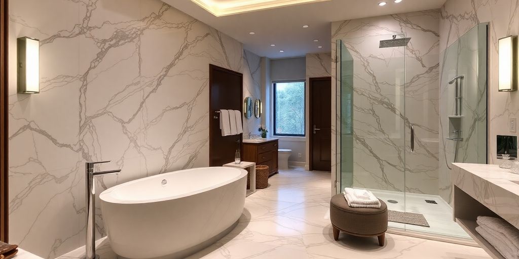 Elegant luxury bathroom with marble finishes and modern fixtures.