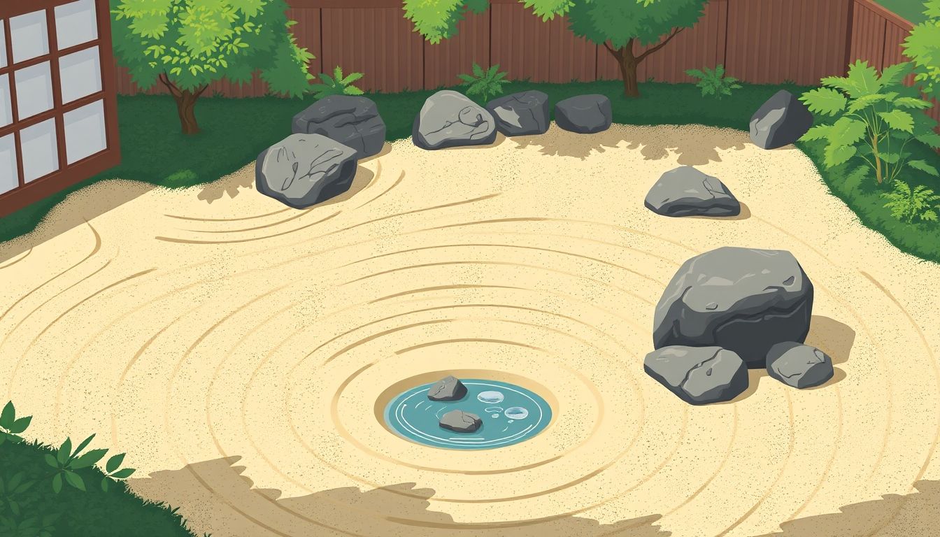 Serene zen garden with raked sand and rocks