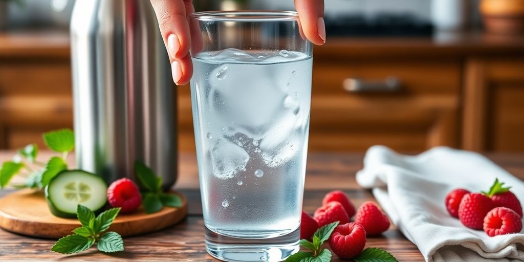 Hand raising clear water glass beside raspberries and mint leaves