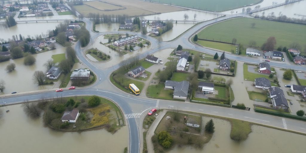 Floods in Wallonia with submerged roads and buildings.