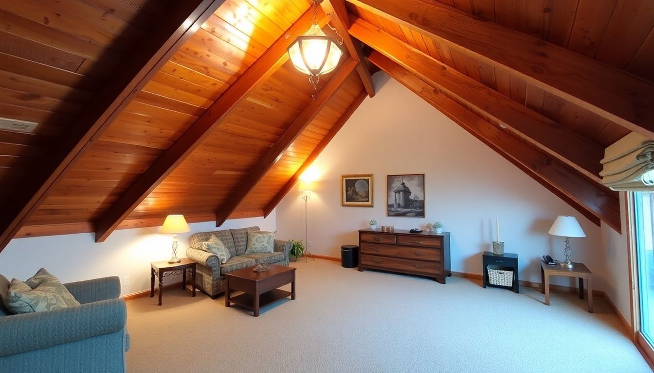 Cozy attic with wooden beams and plush carpet flooring.