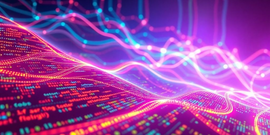 AI interface with flowing code patterns.