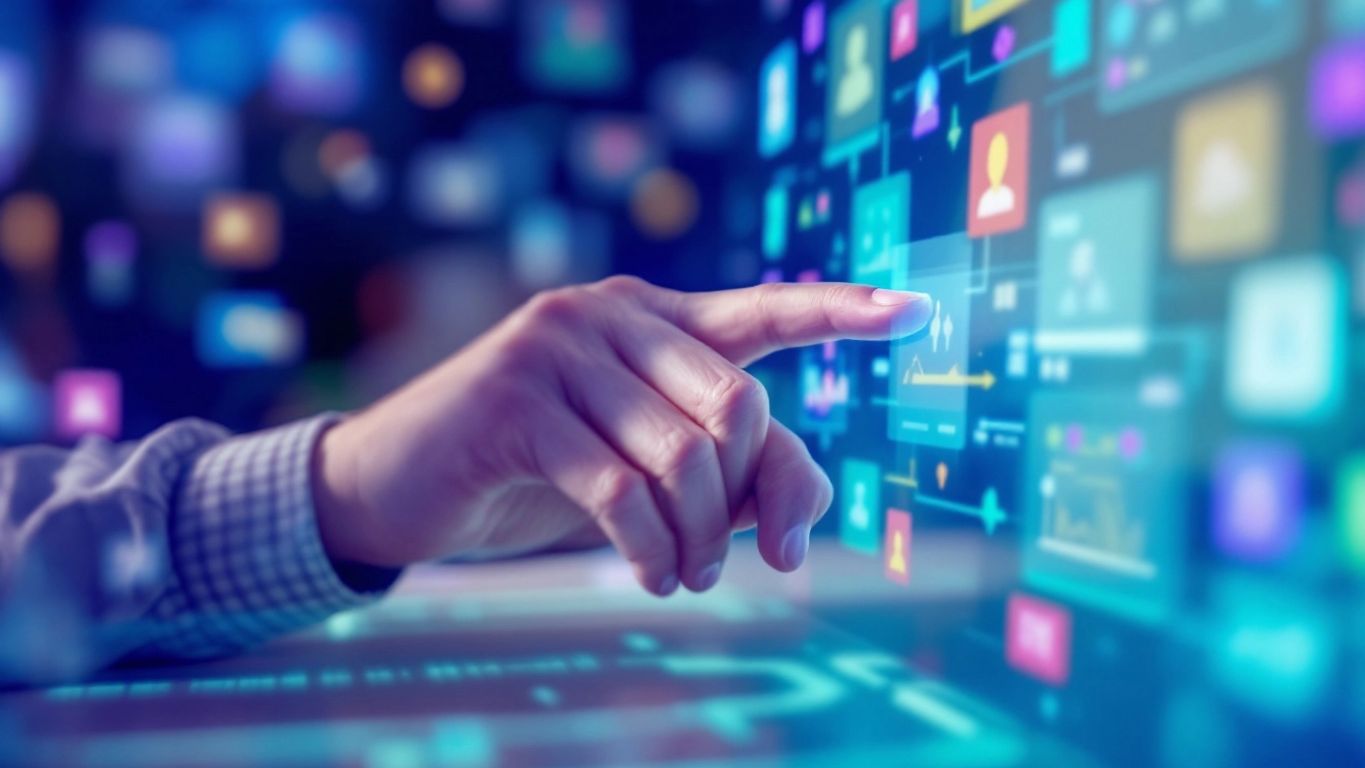 Person engaging with digital interface and colorful icons.