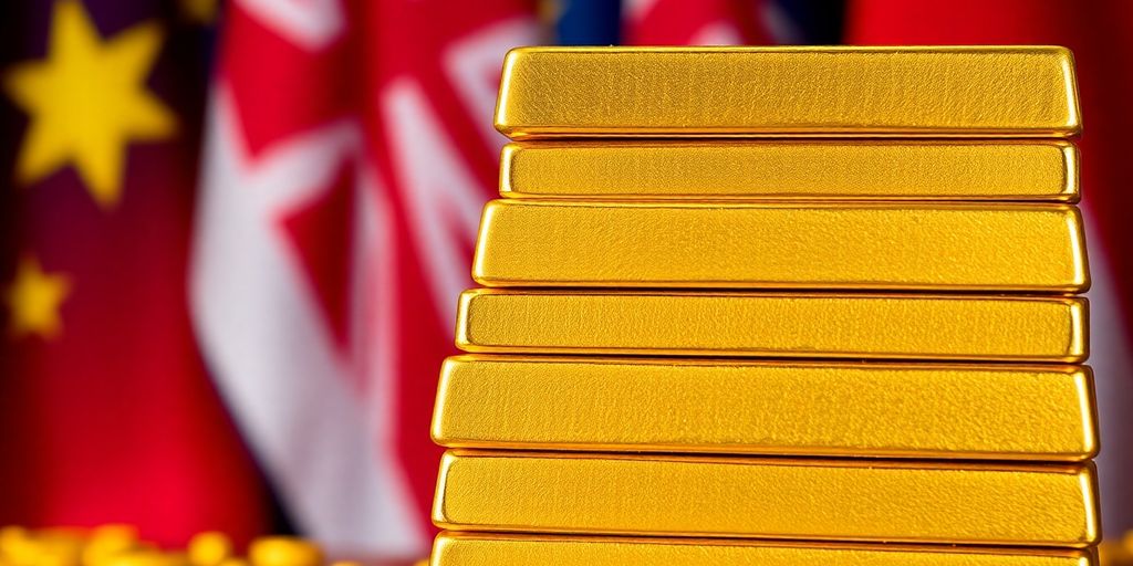 Lingots d'or avec des drapeaux américains et européens en arrière-plan.