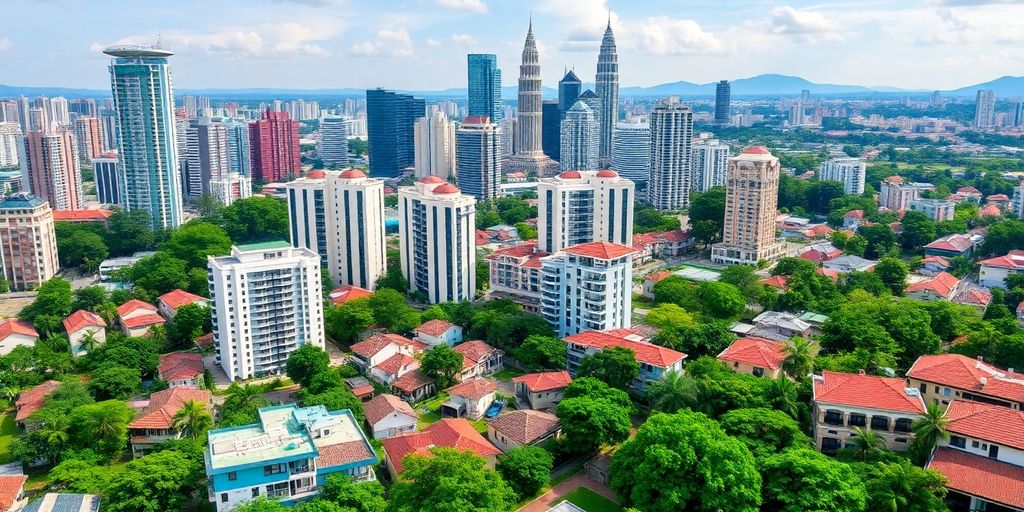 Kuala Lumpur cityscape with modern buildings and greenery.