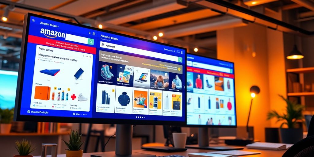 Close-up of colorful Amazon product listings on screen.