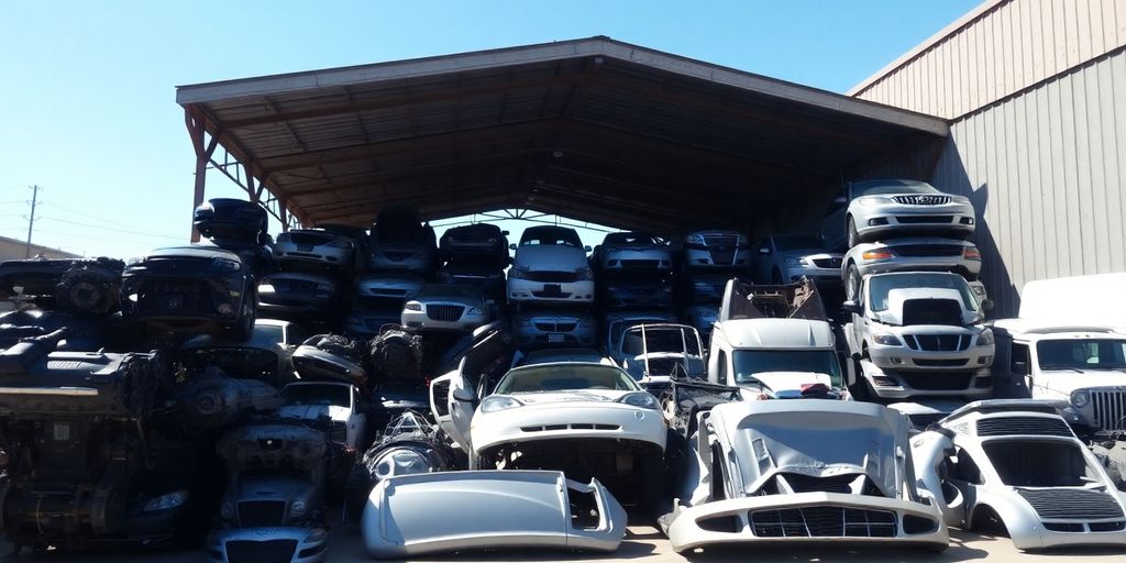 Chrysler car parts neatly arranged wreckers yard.
