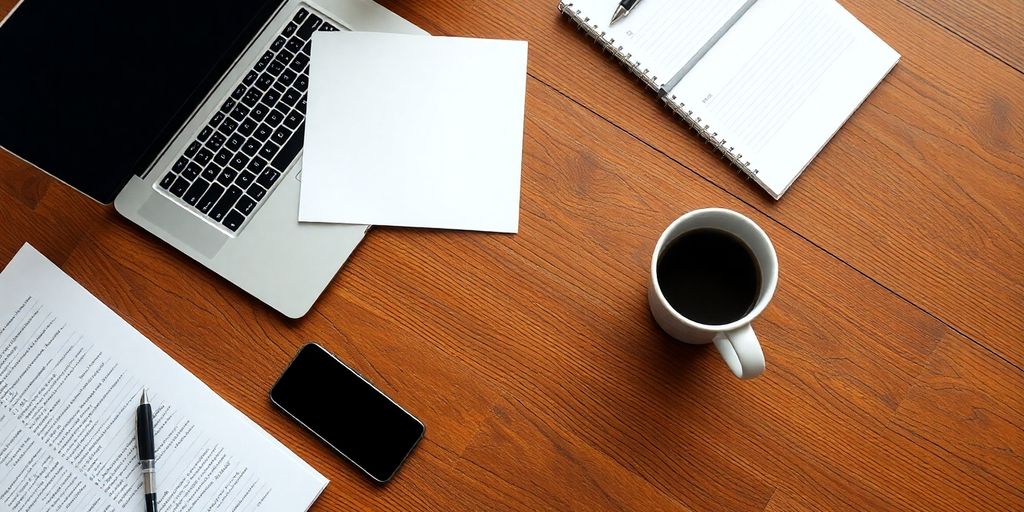 Open laptop, paper, pens, coffee on desk.