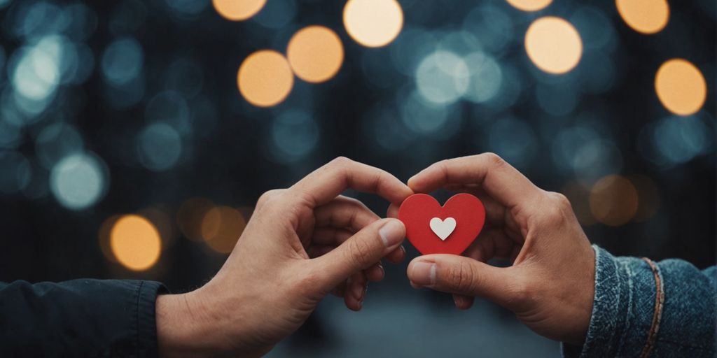 Couple holding hands with heart symbol, representing love and unity
