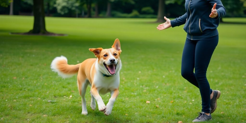 A dog running towards its trainer in a park.