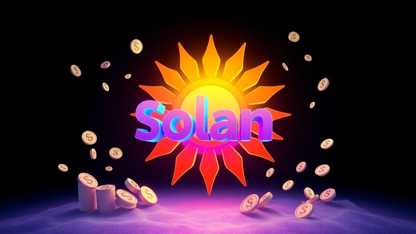 Solana blockchain glowing with digital currency.