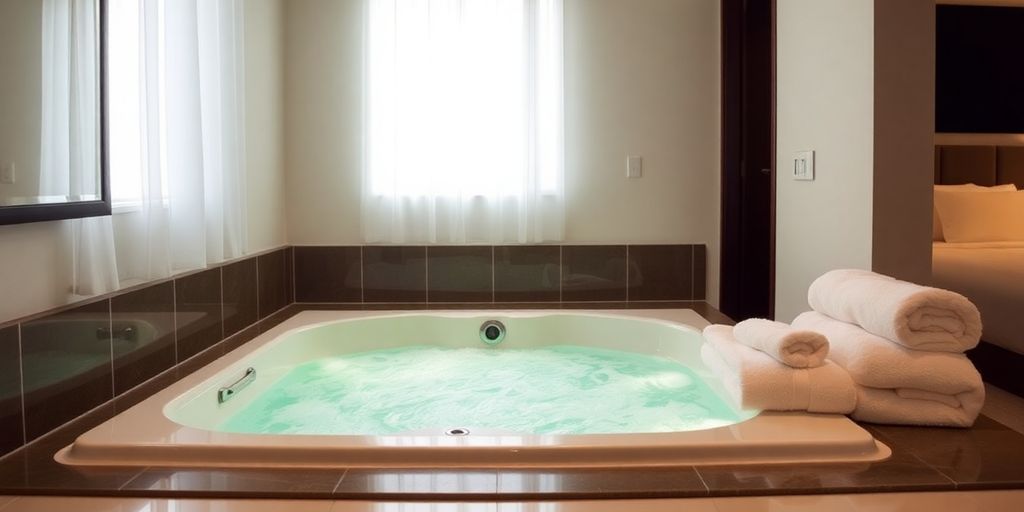 Hotel room with a bubbling spa tub and plush towels.