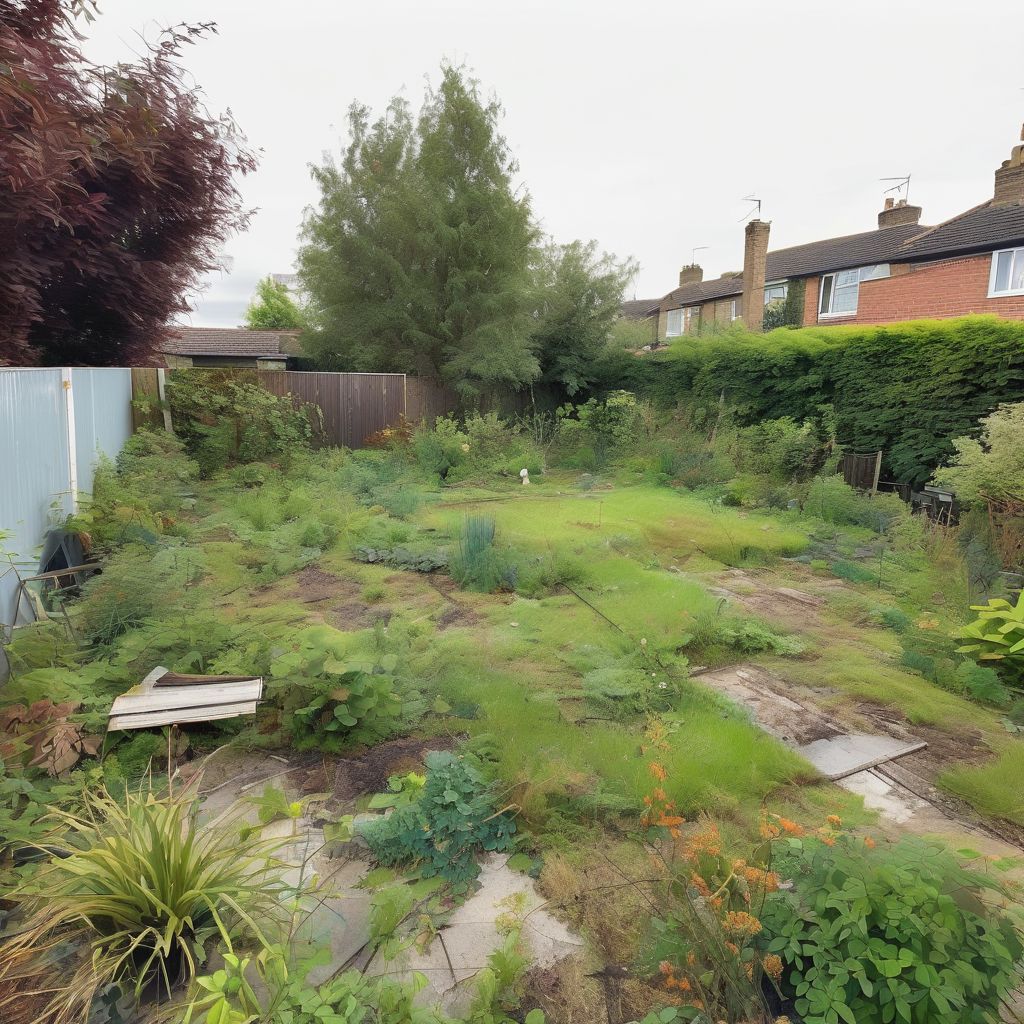 overgrown garden with neglected lawn being restored