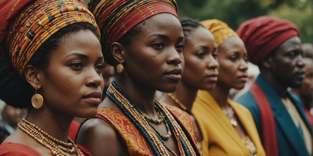 Diverse individuals in traditional clothing representing African polyamory.