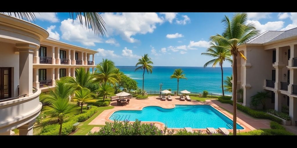 Luxurious coastal apartments with a pool and tropical scenery.