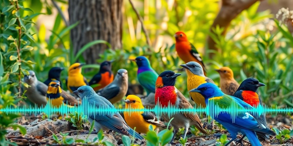 Aves em habitat natural com ondas sonoras ao fundo.