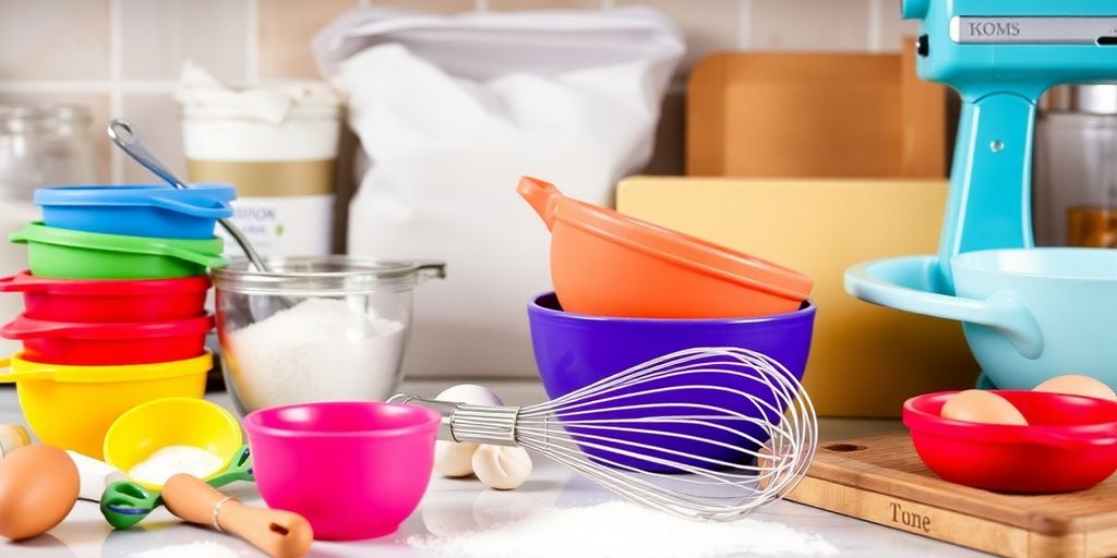 Essential baking tools and ingredients in a kitchen setting.