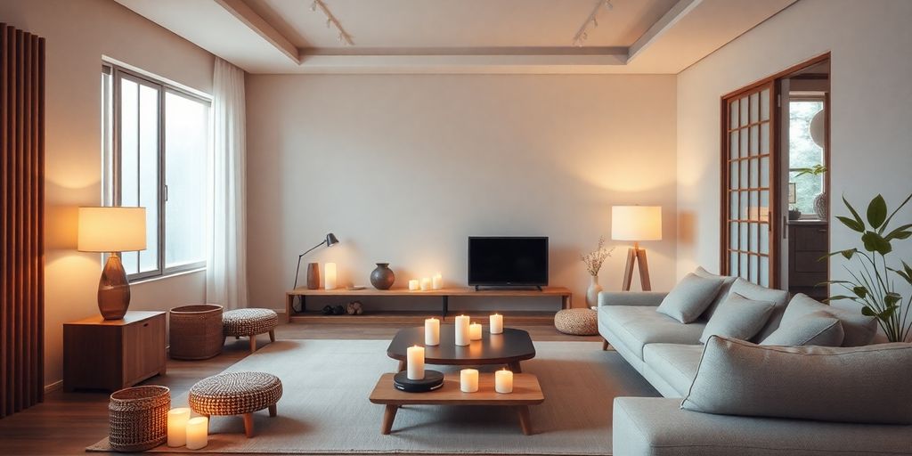Japandi style room with warm lighting and minimalist decor.