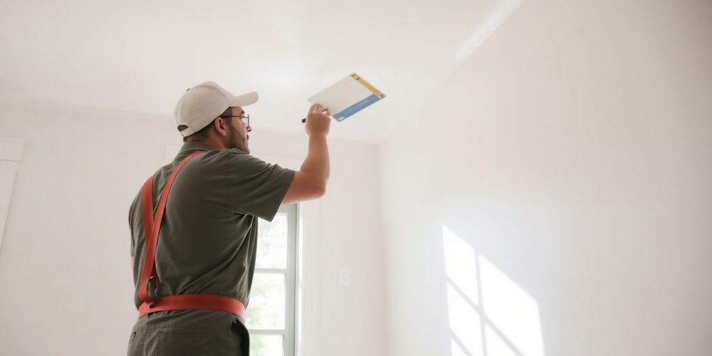Painter applying odorless paint safely.