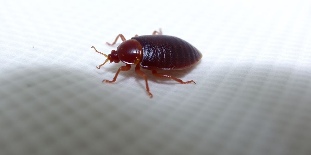 Close-up of a bed bug on a mattress.