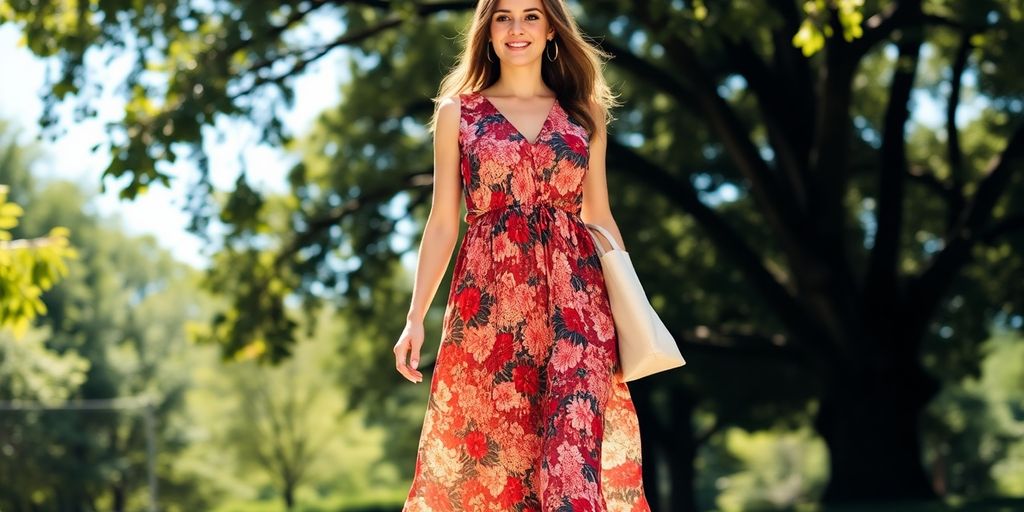 Woman in floral maxi dress walking outdoors