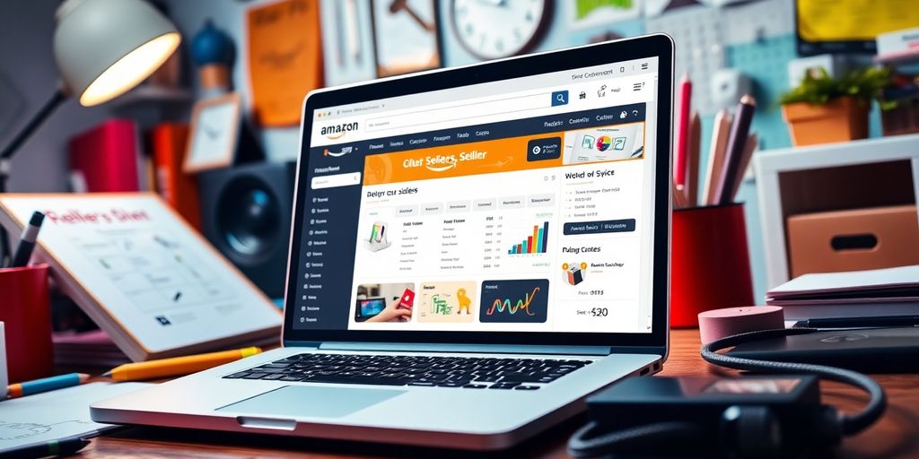 Laptop with Amazon seller dashboard and tools nearby.
