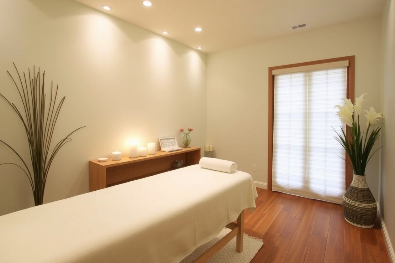 Peaceful spa setting with massage table.